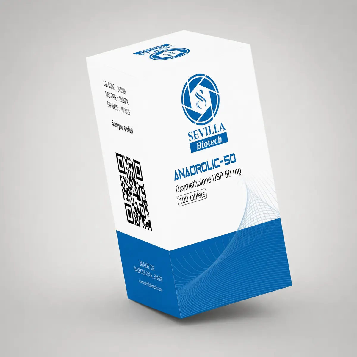 Sevilla Biotech Anadrolic 50: a white and blue carton stating oxymetholone USP 50 mg, 100 tablets