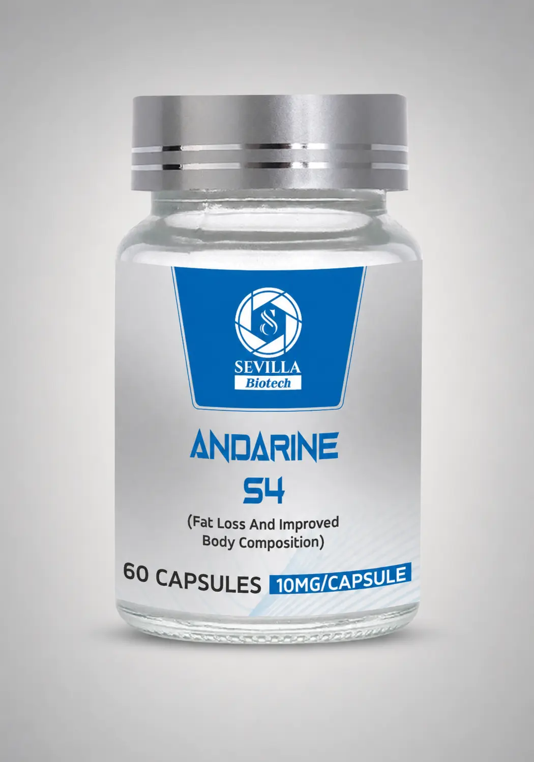 Sevilla Biotech Andarine S4: a clear bottle of 60 capsules with a blue and silver label