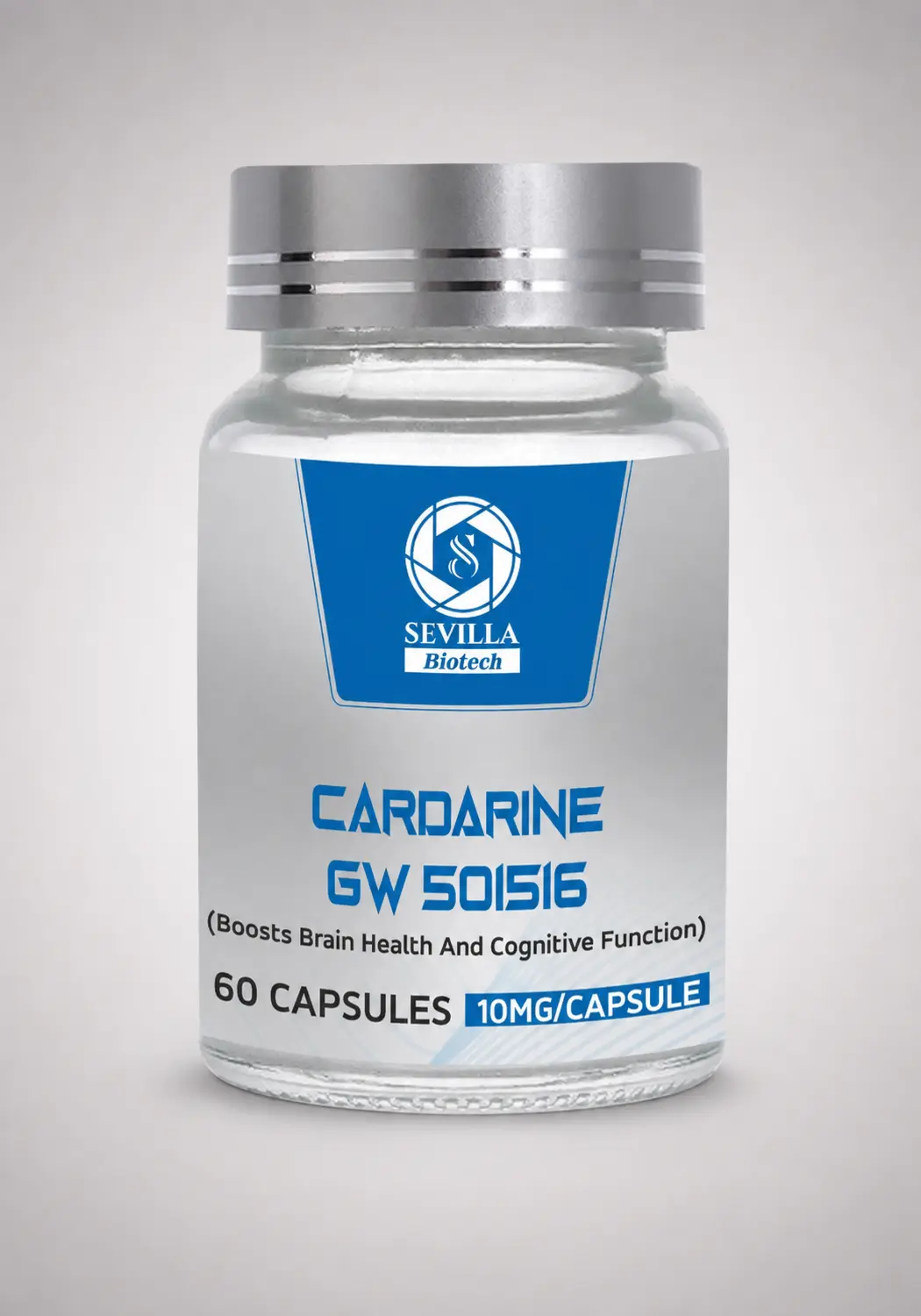 Sevilla Biotech Cardarine GW 501516: a clear bottle of 60 capsules with a blue and silver label