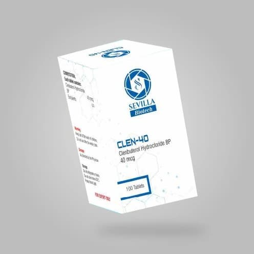 Sevilla Biotech Clen 40: a white and blue carton stating clenbuterol hydrochloride BP 40 mcg, 100 tablets