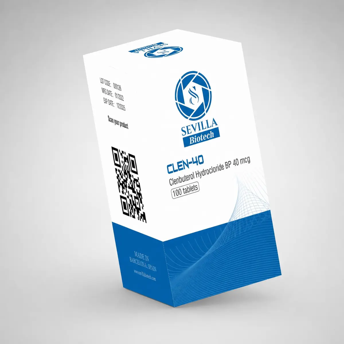 Sevilla Biotech Clen 40: a white and blue carton stating clenbuterol hydrochloride BP 40 mcg, 100 tablets