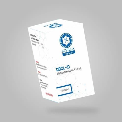 Sevilla Biotech Dbol 10: a white and blue carton stating methandienone USP 10 mg, 100 tablets