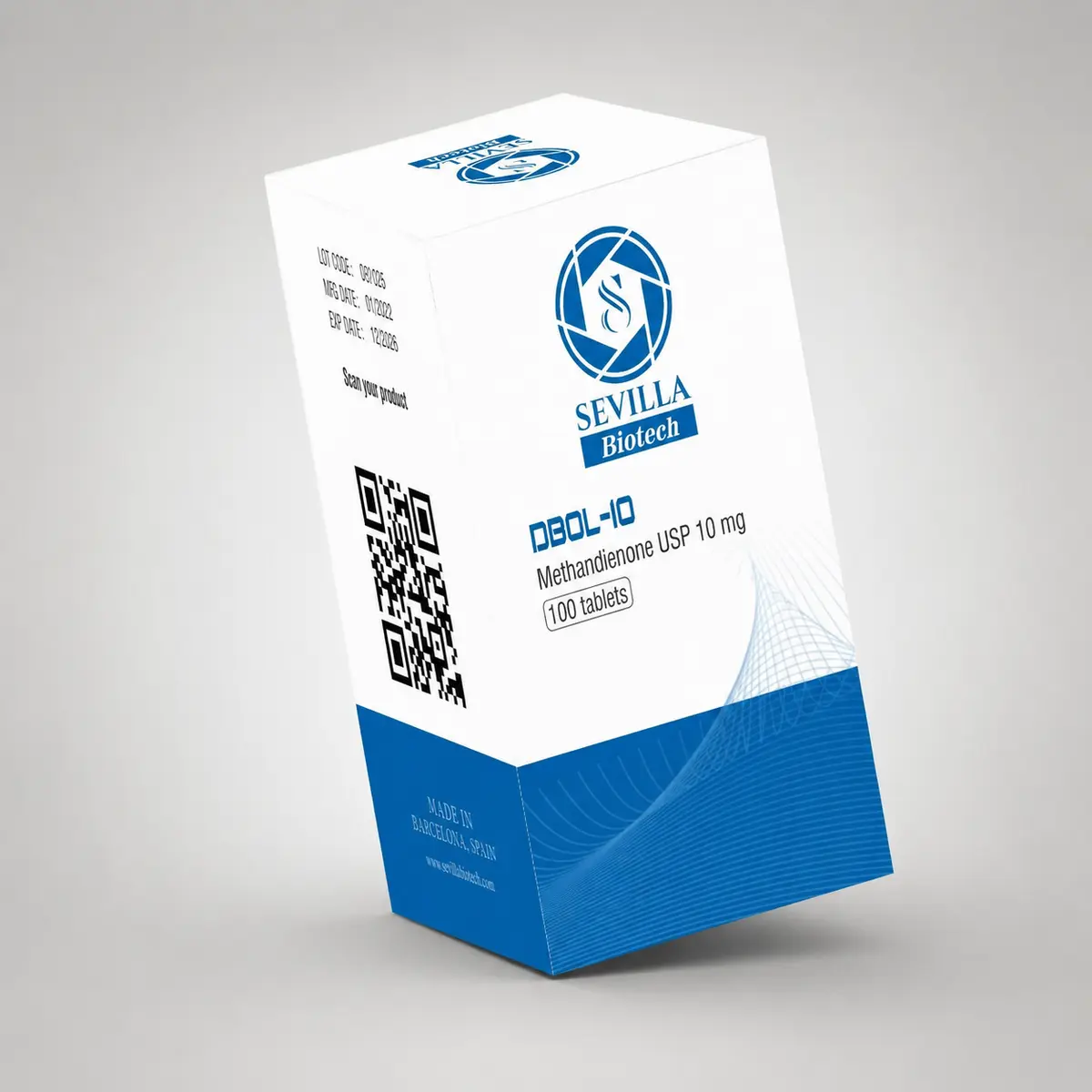 Sevilla Biotech Dbol 10: a white and blue carton stating methandienone USP 10 mg, 100 tablets