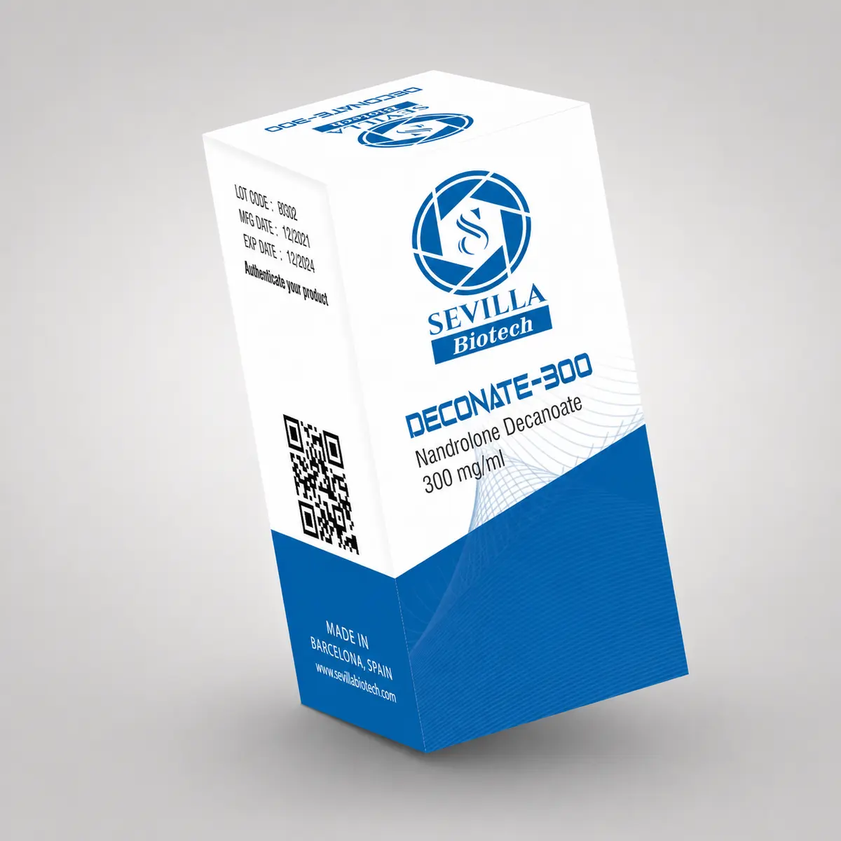 Sevilla Biotech Deconate 300: a white and blue carton printed with the compound, strength, lot code and expiry date