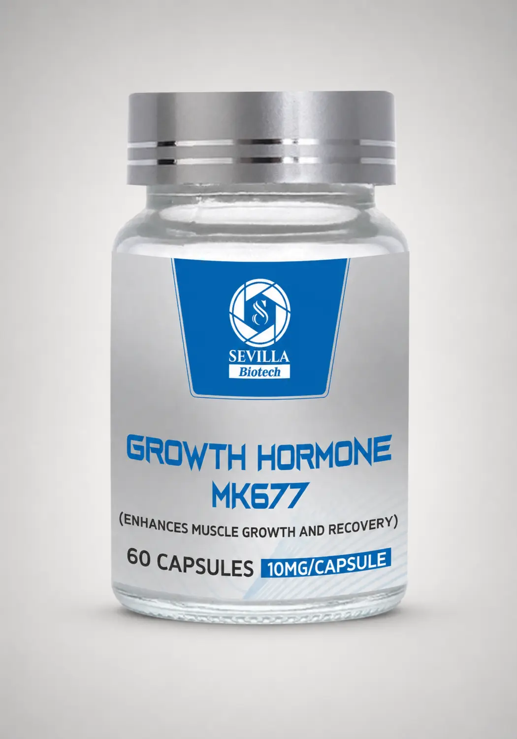 Sevilla Biotech Growth Hormone MK677: a clear bottle of 60 capsules with a blue and silver label
