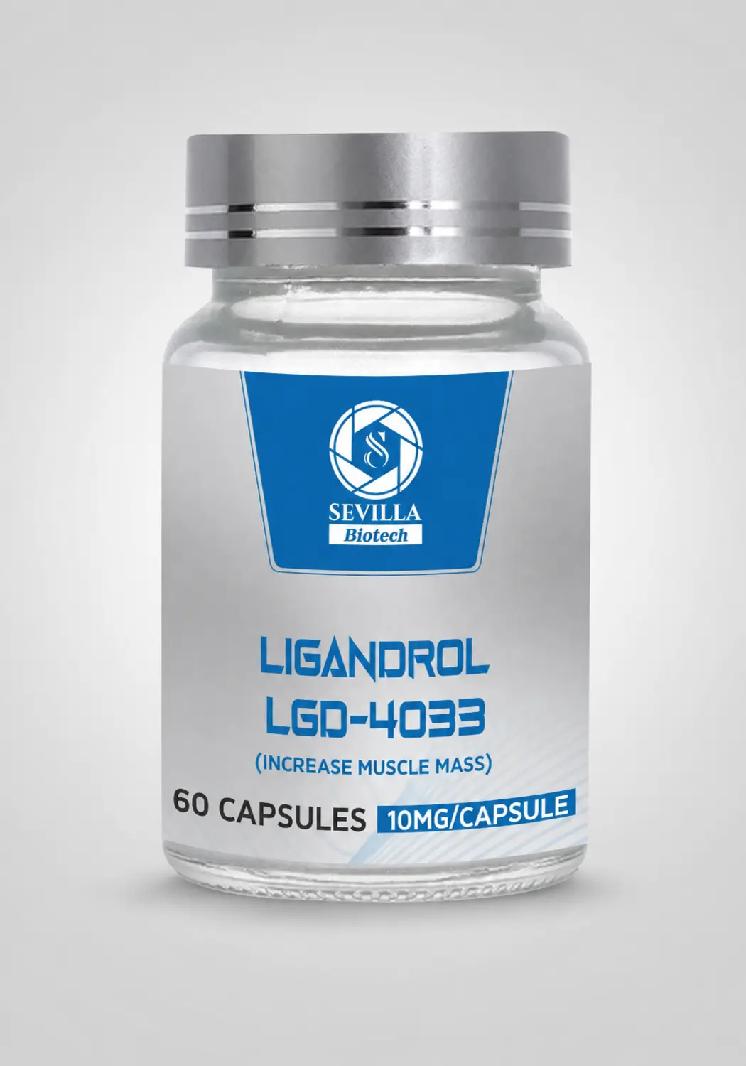 Sevilla Biotech Ligandrol LGD-4033: a clear bottle of 60 capsules with a blue and silver label