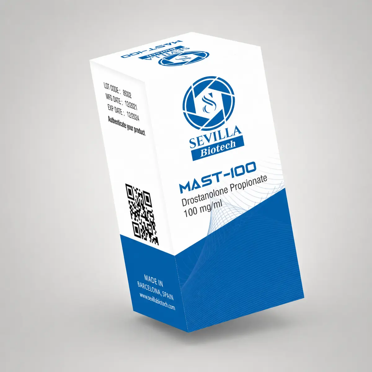 Sevilla Biotech Mast 100: a white and blue carton printed with the compound, strength, lot code and expiry date