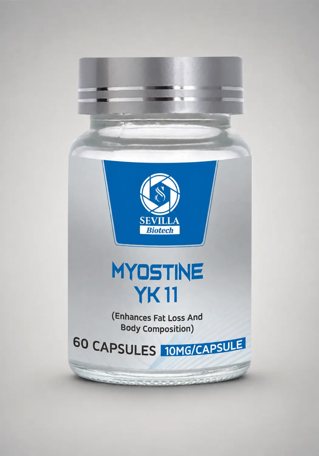 Sevilla Biotech Myostine YK 11: a clear bottle of 60 capsules with a blue and silver label