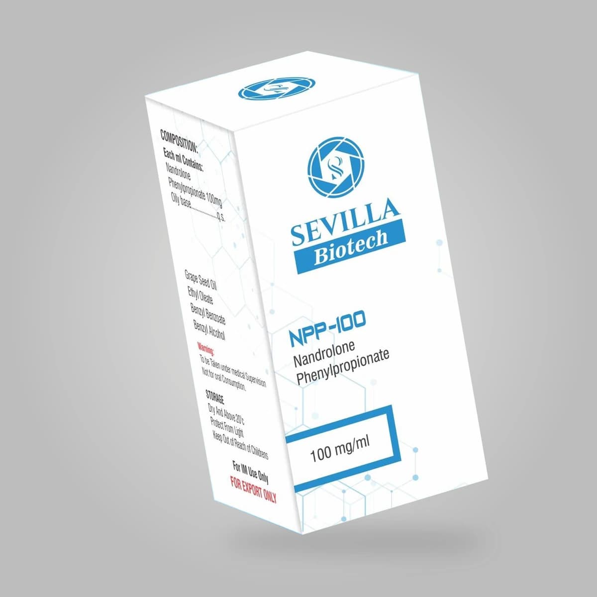 Sevilla Biotech NP-100: a white and blue carton labelled nandrolone phenylpropionate, 100 mg/ml, on a grey background