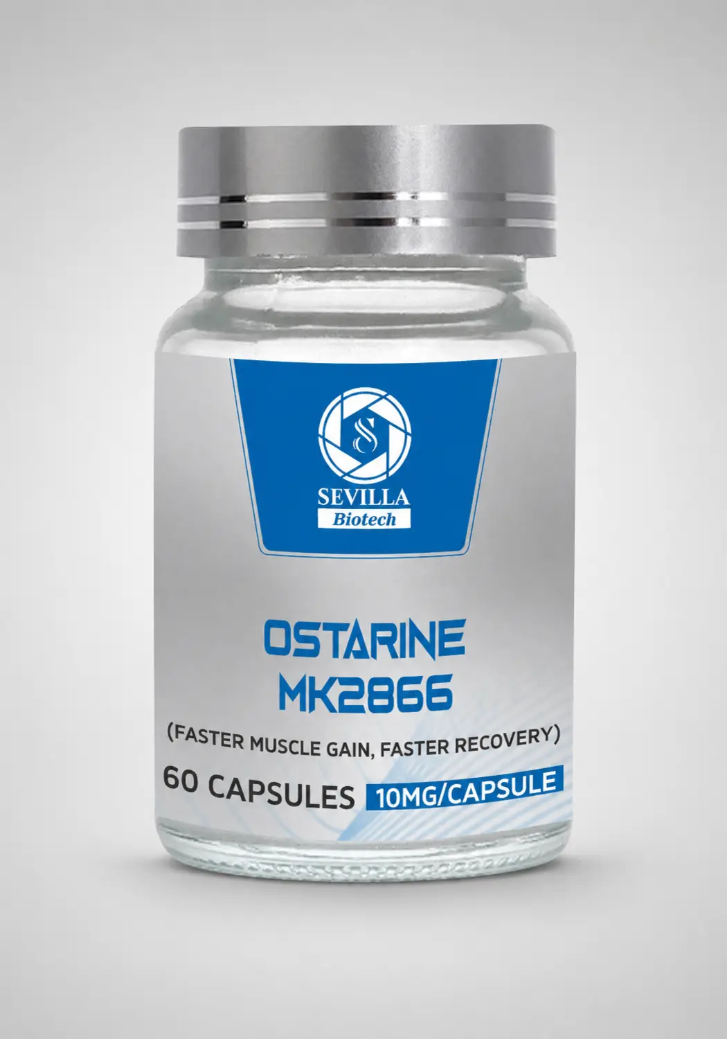 Sevilla Biotech Ostarine MK2866: a clear bottle of 60 capsules with a blue and silver label