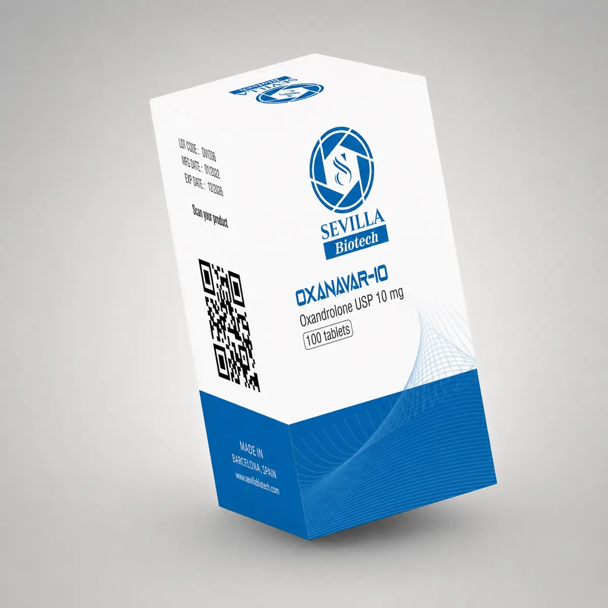 Sevilla Biotech Oxanavar 10: a white and blue carton stating oxandrolone USP 10 mg, 100 tablets
