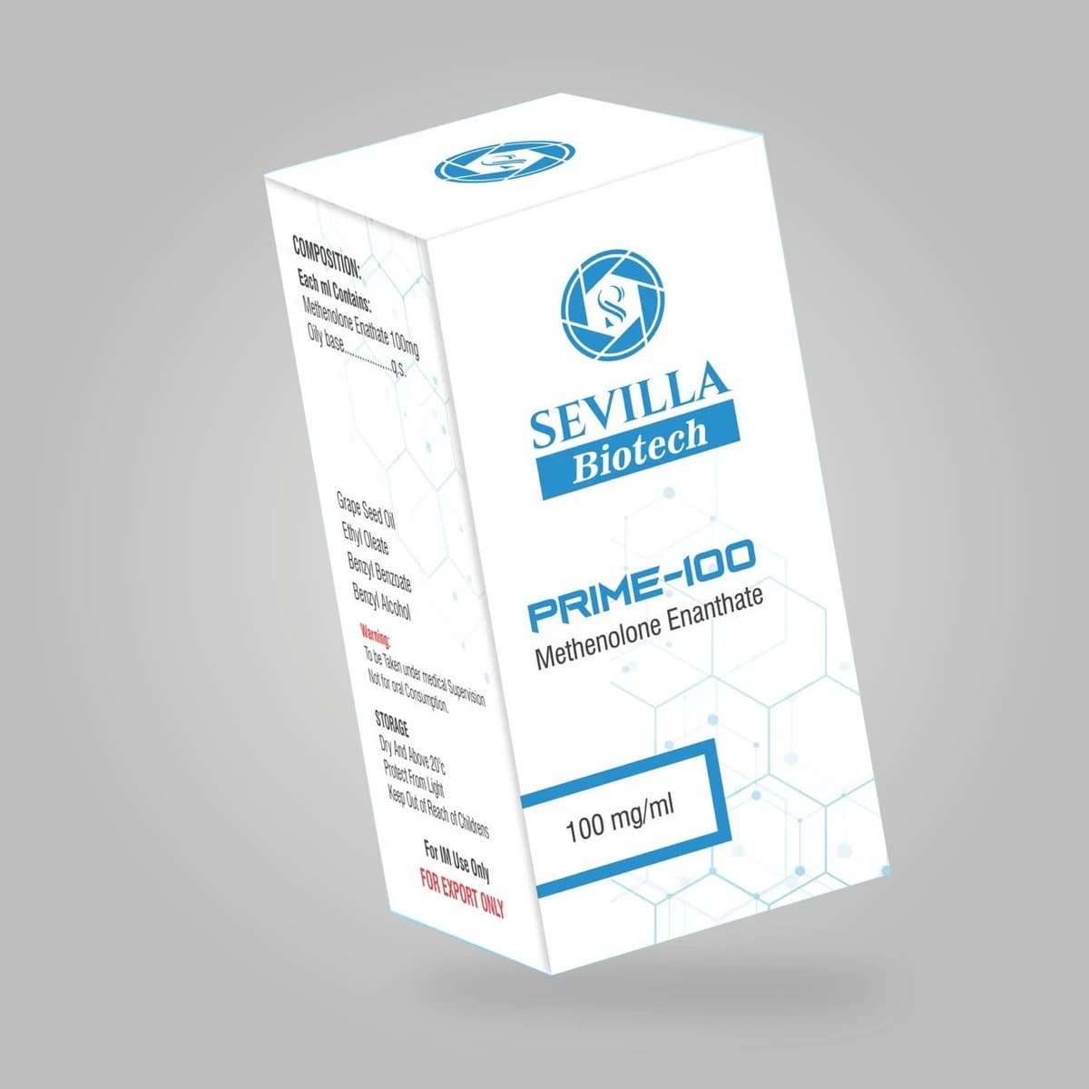 Sevilla Biotech Prime 100: a white and blue carton showing the compound and strength on a grey background