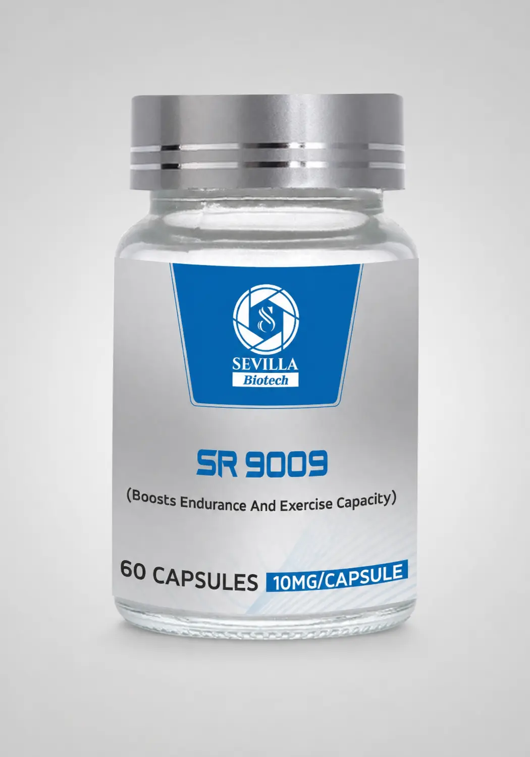 Sevilla Biotech SR 9009: a clear bottle of 60 capsules with a blue and silver label