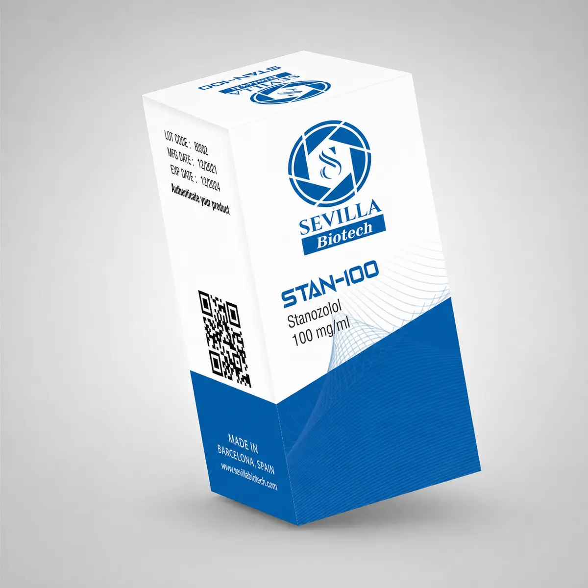 Sevilla Biotech Stan 100: a white and blue carton printed with the compound, strength, lot code and expiry date
