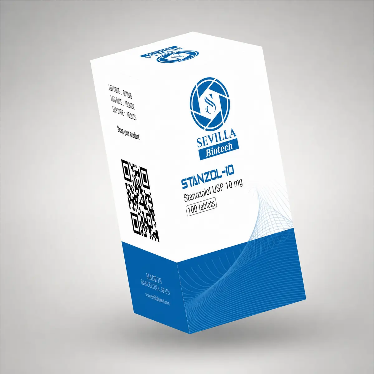 Sevilla Biotech Stanzol 10: a white and blue carton stating stanozolol USP 10 mg, 100 tablets