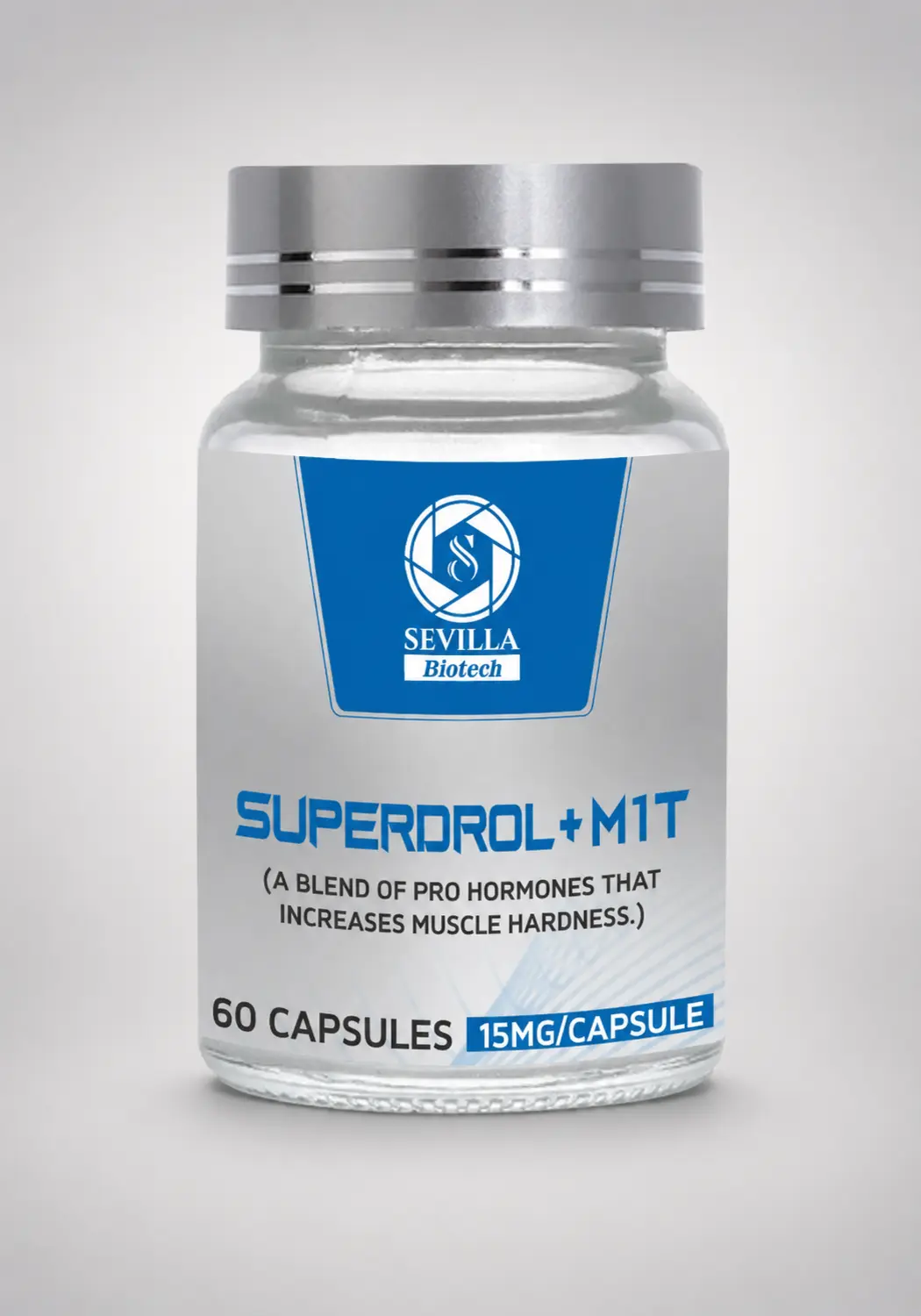 Sevilla Biotech Superdrol plus M1T: a clear bottle of 60 capsules with a blue and silver label