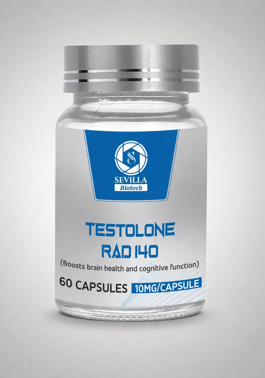Sevilla Biotech Testolone RAD 140: a clear bottle of 60 capsules with a blue and silver label