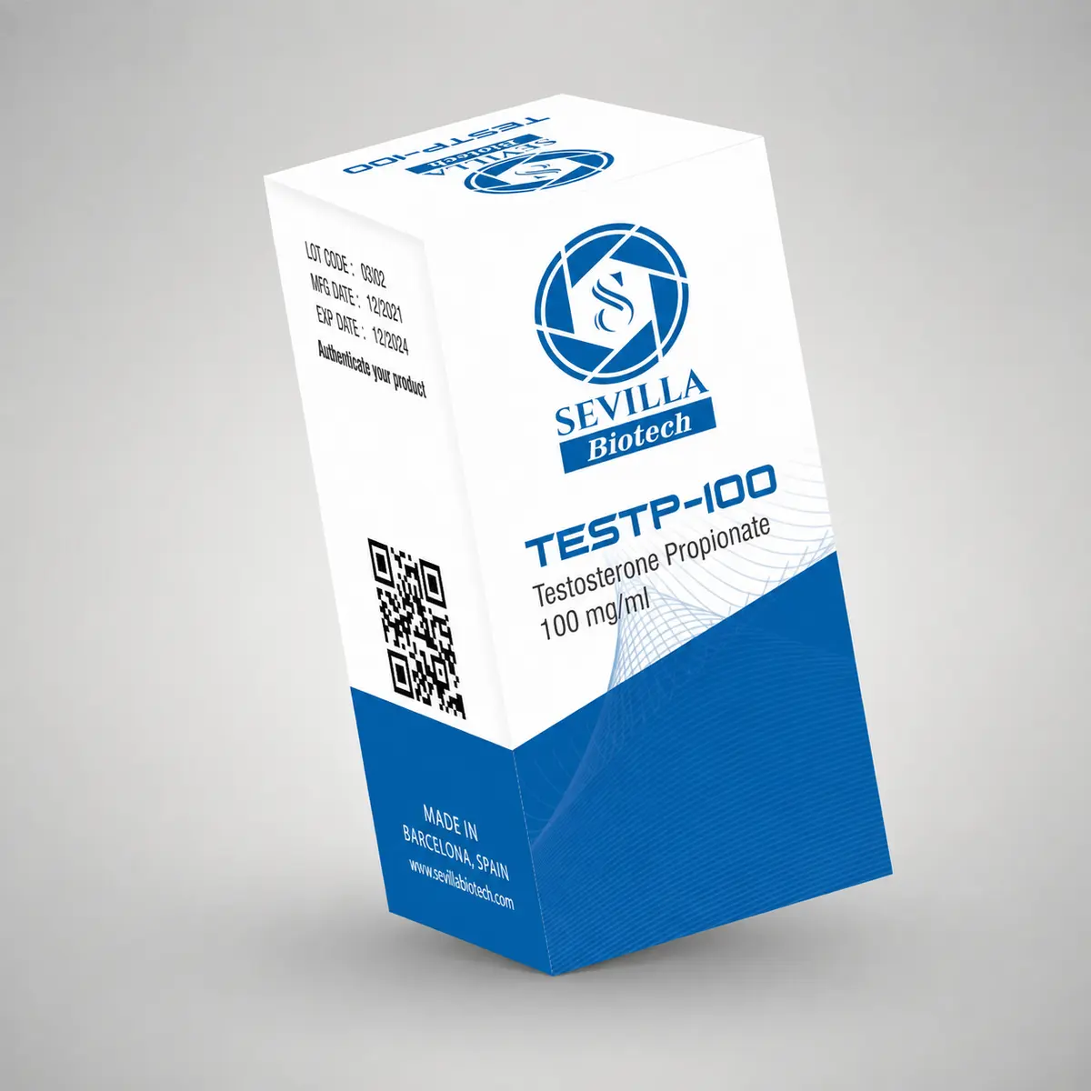 Sevilla Biotech TestP 100: a white and blue carton printed with the compound, strength, lot code and expiry date