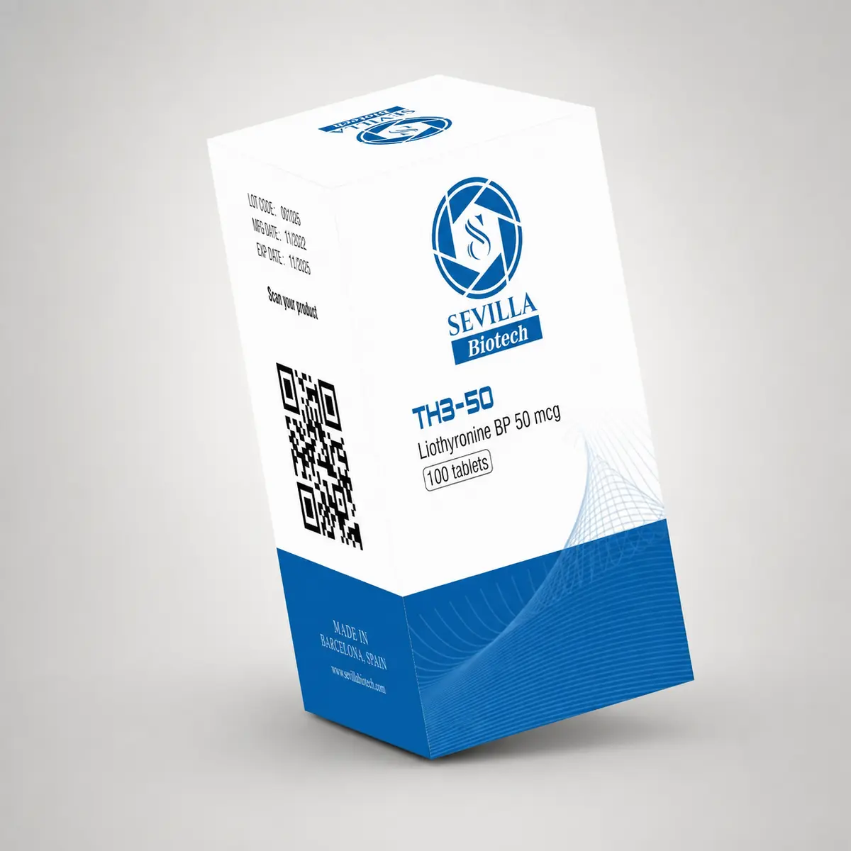 Sevilla Biotech TH3 50: a white and blue carton stating liothyronine BP 50 mcg, 100 tablets