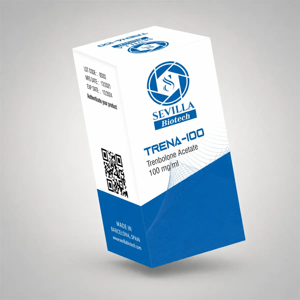 Sevilla Biotech Trena 100: a white and blue carton printed with the compound, strength, lot code and expiry date
