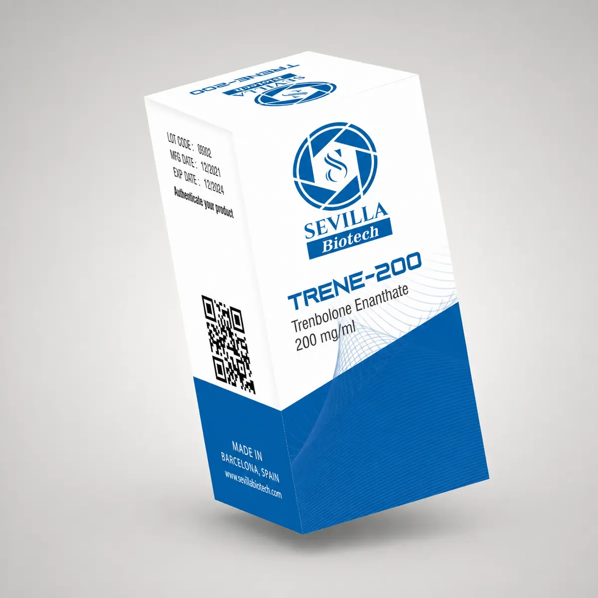 Sevilla Biotech Trene 200: a white and blue carton printed with the compound, strength, lot code and expiry date