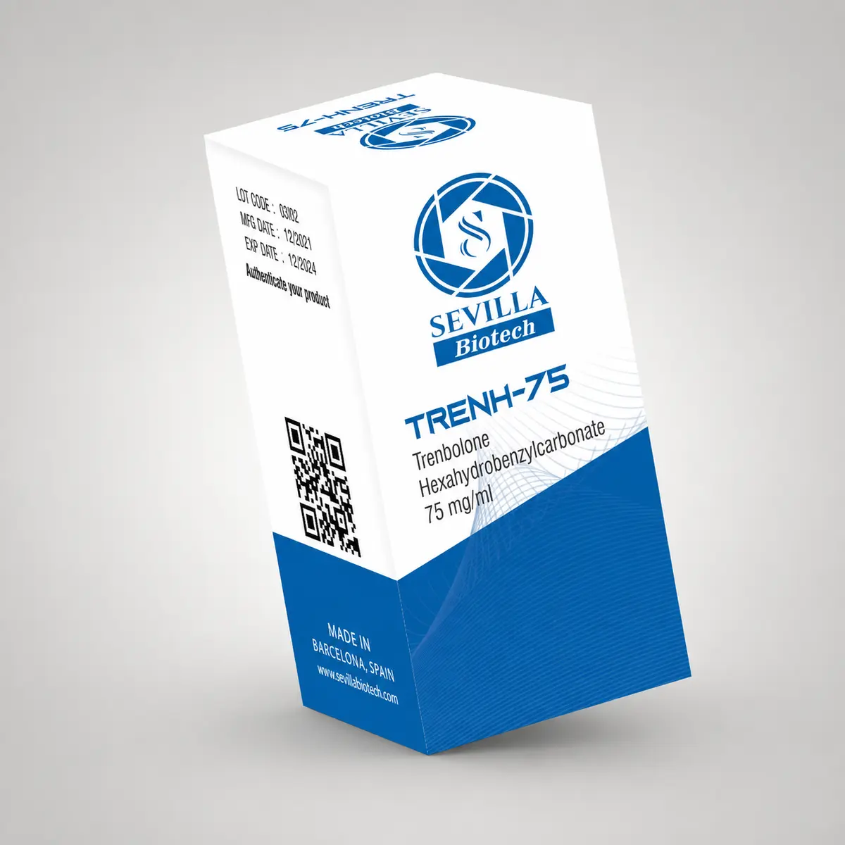 Sevilla Biotech Trenh 75: a white and blue carton printed with the compound, strength, lot code and expiry date